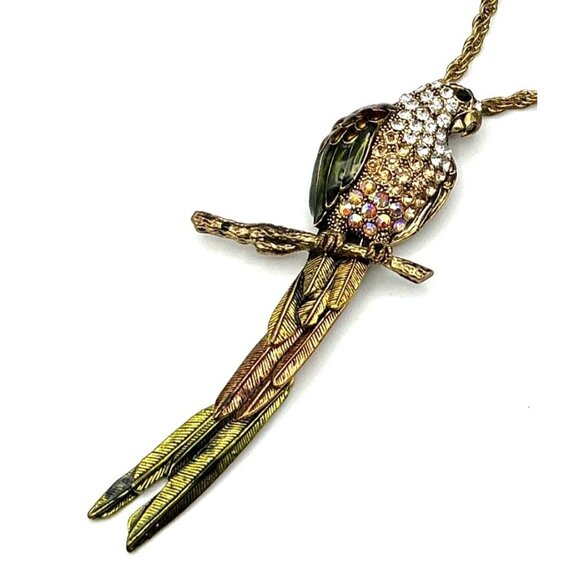 Vintage Rhinestone and Enamel Parrot Pendant Necklace Gold-Tone Metal 24" Chain - Picture 1 of 6